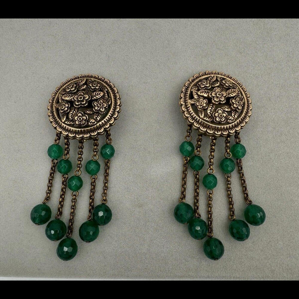 Stephen Dweck Vintage Floral Dangle Gold Tone Emerald Clip Earrings